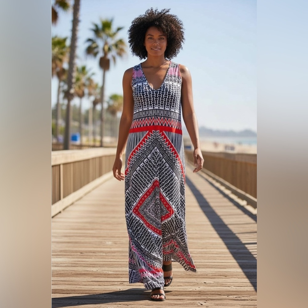 Nine West Black, White, and Red Geometric Maxi Dress Size 14